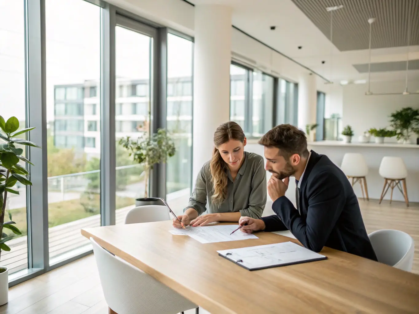 A warm, inviting image of a consultant meeting with prospective parents, reviewing documents and discussing the initial steps of the surrogacy process in a comfortable office setting.