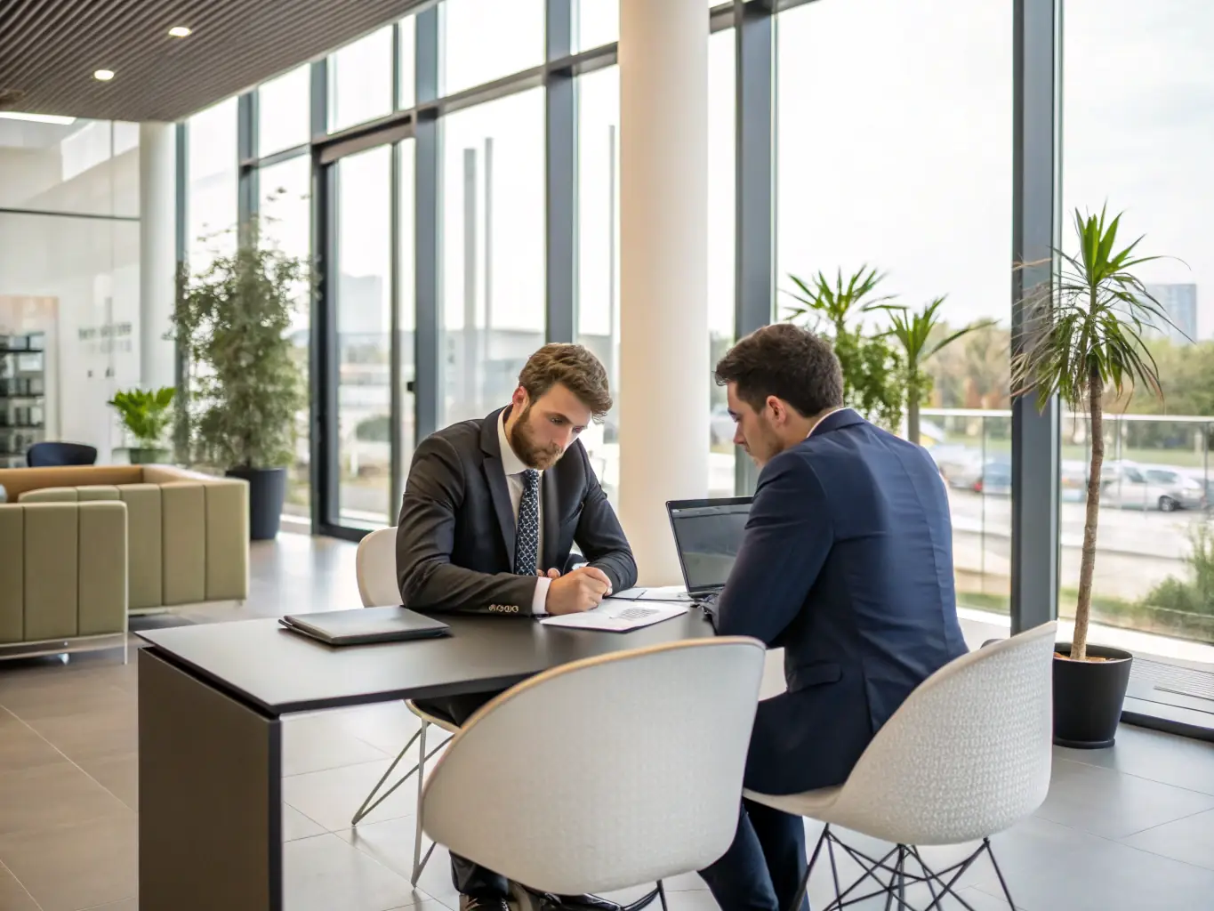 A consultant sitting at a desk, smiling and explaining the surrogacy process to a hopeful parent in a modern office setting.