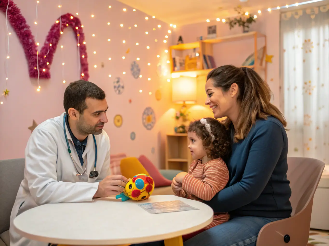 A support team member offering guidance and reassurance to a parent during a surrogacy milestone, set in a comfortable and supportive environment.